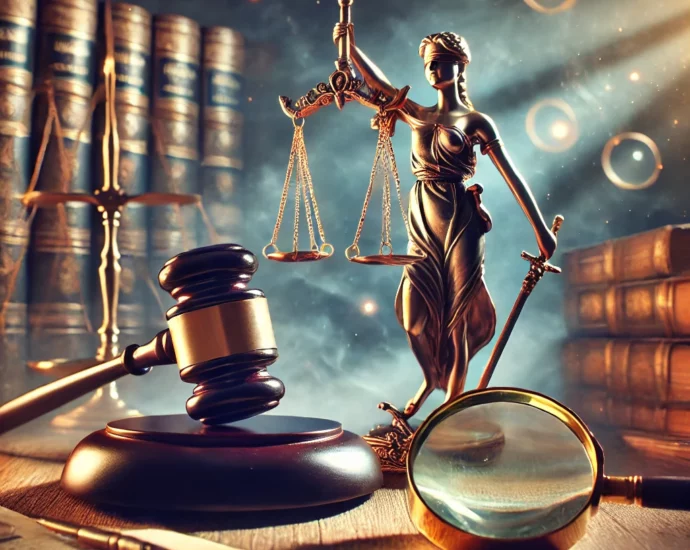 DALL·E 2024 10 07 18.27.26 A symbolic representation of the concept of Appearance of Quality in Criminal Law. The image should depict a balanced scale of justice symbolizing