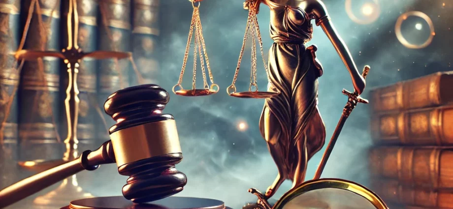 DALL·E 2024 10 07 18.27.26 A symbolic representation of the concept of Appearance of Quality in Criminal Law. The image should depict a balanced scale of justice symbolizing