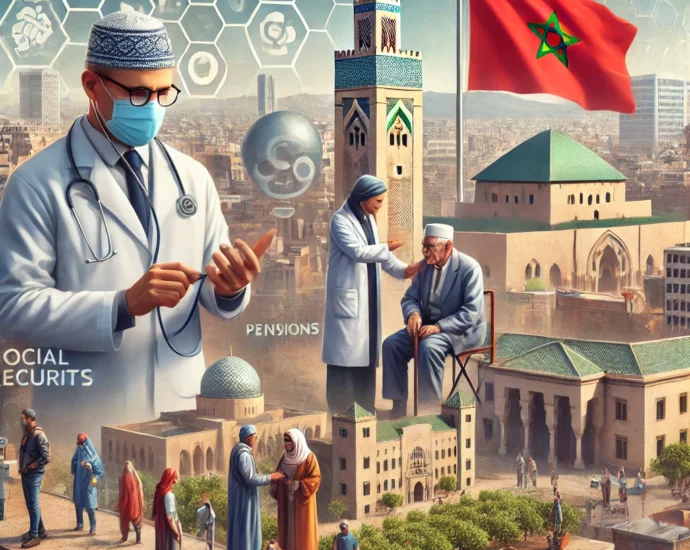 DALL·E 2024 10 21 19.36.36 A realistic depiction of the contemporary challenges of social protection in Morocco. The image should include key elements such as healthcare access