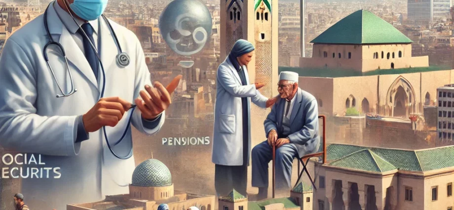 DALL·E 2024 10 21 19.36.36 A realistic depiction of the contemporary challenges of social protection in Morocco. The image should include key elements such as healthcare access