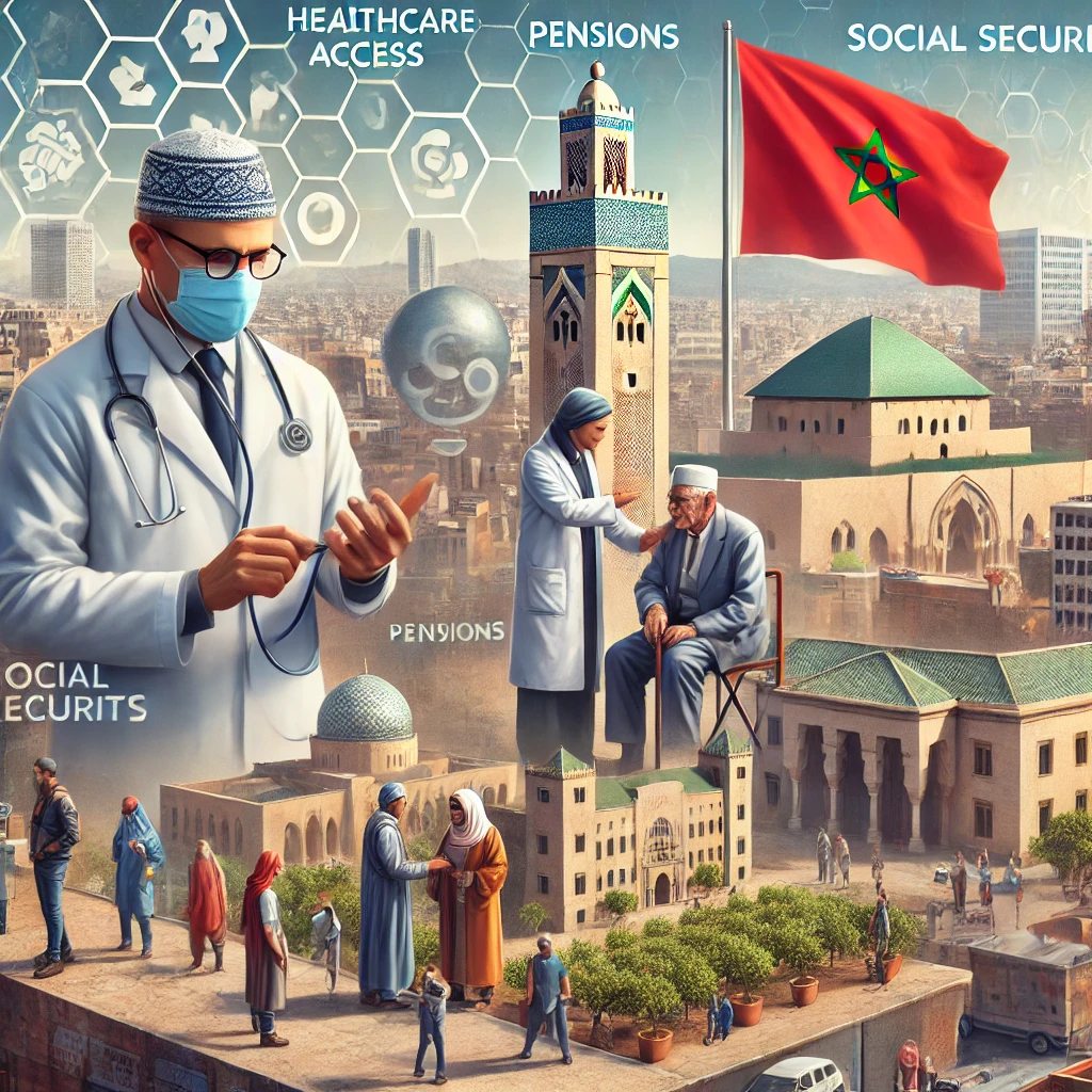 DALL·E 2024 10 21 19.36.36 A realistic depiction of the contemporary challenges of social protection in Morocco. The image should include key elements such as healthcare access