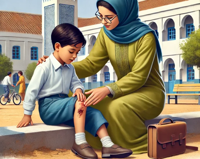 DALL·E 2024 10 26 16.56.13 A realistic illustration of a young Moroccan child with a minor injury such as a scraped knee in a Moroccan schoolyard setting. A caring teacher or e1729985670142