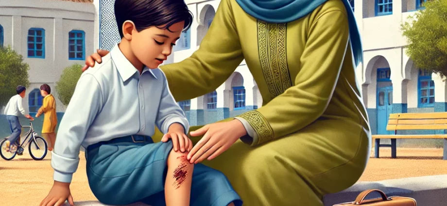 DALL·E 2024 10 26 16.56.13 A realistic illustration of a young Moroccan child with a minor injury such as a scraped knee in a Moroccan schoolyard setting. A caring teacher or e1729985670142