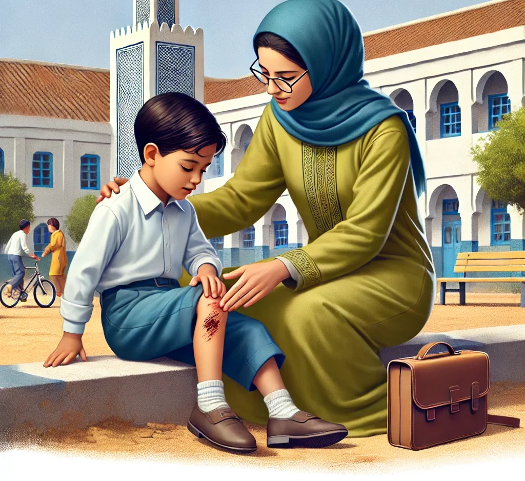 DALL·E 2024 10 26 16.56.13 A realistic illustration of a young Moroccan child with a minor injury such as a scraped knee in a Moroccan schoolyard setting. A caring teacher or e1729985670142